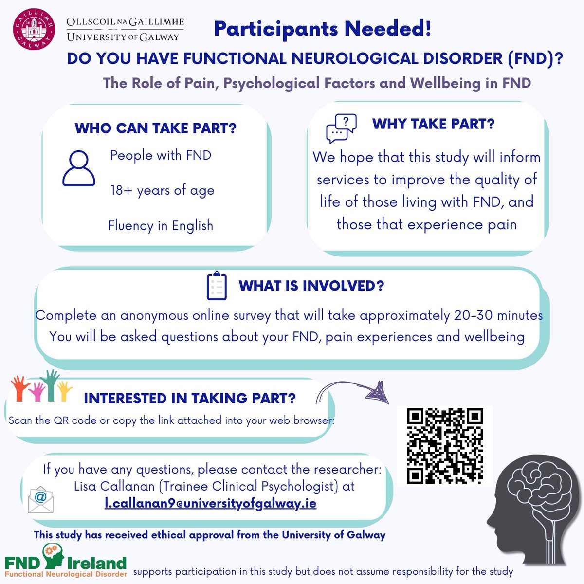 Are you living with FND and experience pain?
Would you like to advance research and knowledge around the experiences of pain and wellbeing in FND?  See below👇 
psychologygalway.qualtrics.com/jfe/form/SV_6l…
#fnd #fndaware #ChronicPain  #fndresearch