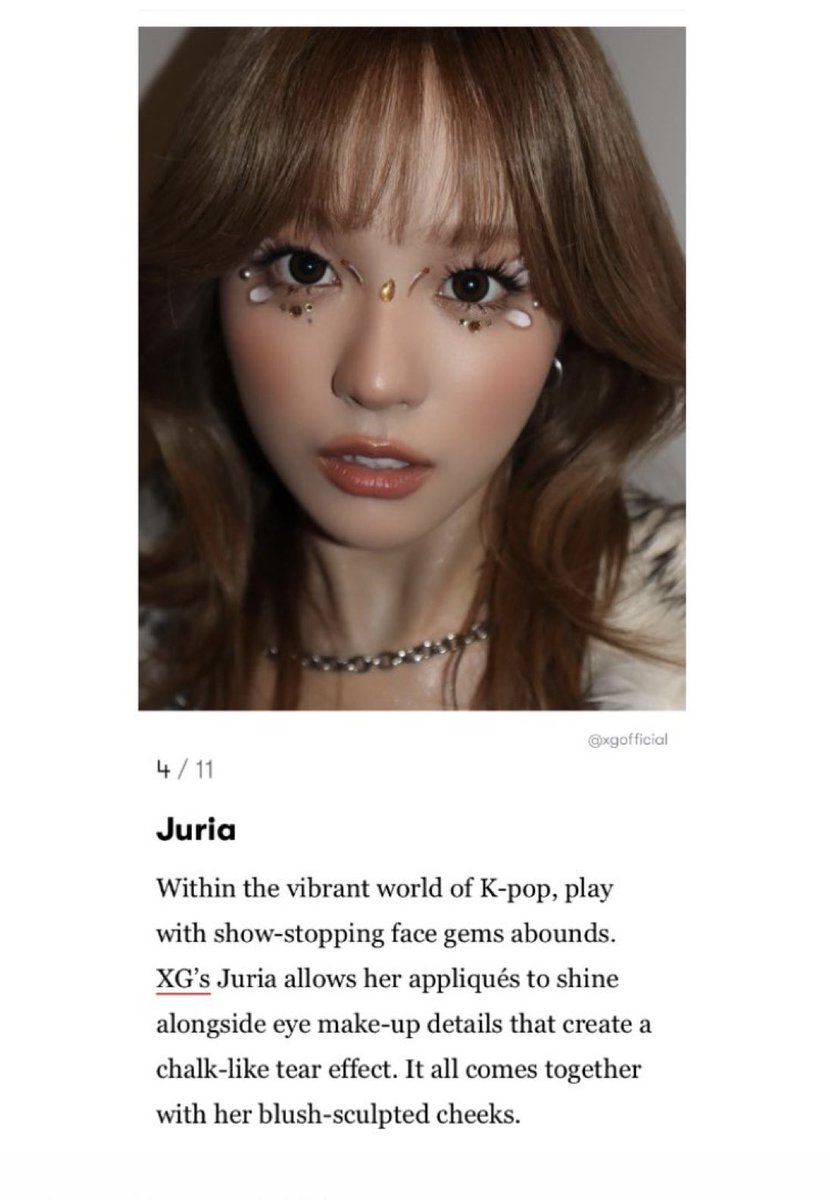 ℹ️ ⋮  05.12.24

↪︎ VOGUE Singapour a classé JURIA 4e dans la catégorie « Le meilleur de la beauté des célébrités » en novembre 2024

⋆⠎ #JURIA #XG #XGALX #ALPHAZ :: <a href="/XGOfficial_/">XG OFFICIAL</a>