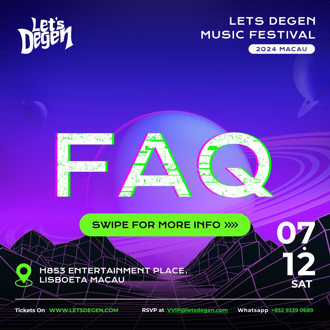 lets_degen's tweet photo. Let’s Degen 2024 Macau: Chapter 0 🇲🇴🧩

❓常見問題請參閱以上貼文👆🏻
Please refer to the post above for the frequently asked questions💬

【 Let’s Degen Music Festival 2024 Macau🪐】
🗓️日期 Date：7/12/2024  (SAT)
🕢時間 Time：17:00 - 00:00; 00:00 - 02:00 (After Party)
📍地點 Venue：澳門葡京人 | Lisboeta Macau

門票將於官網以及AlipayHK發售
Tickets on the official website & AlipayHK
🎫🔗https://t.co/uIpQvM7bcR
📍https://t.co/gSalEpYJAY

#LetsDegen #LetsDegen2024Macau #LetsDegenChapter0
