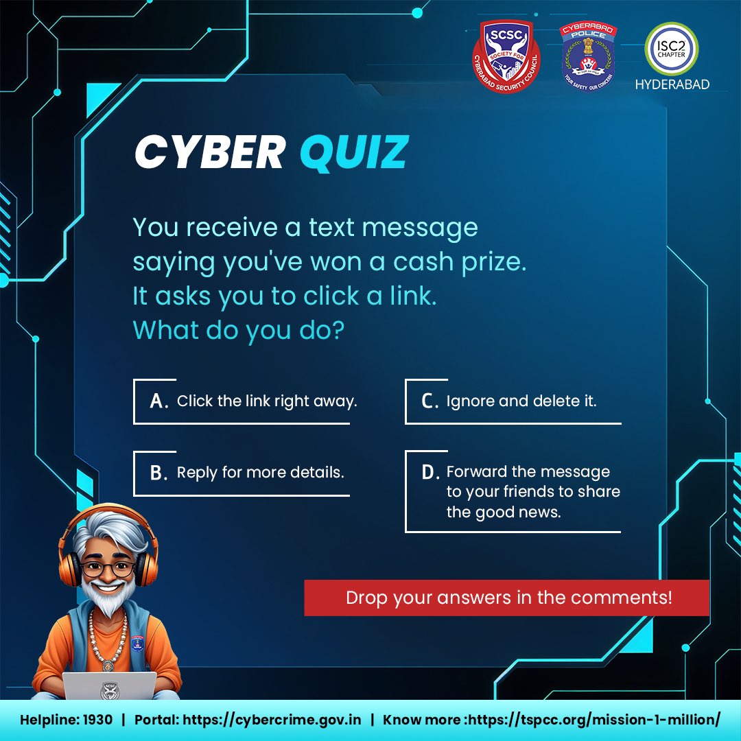 SCSC_Cyberabad's tweet image. Think Before You Click! 🤔

 Test your cyber-smarts and fight phishing with SCSC. 

Stay alert, stay safe! 
#CyberQuiz #StaySafeOnline #CyberCrimeAwareness #SCSC