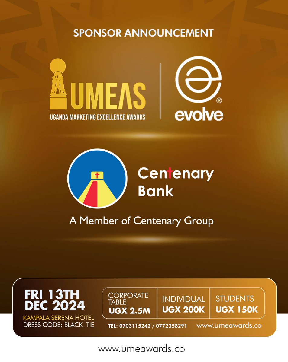 CentenaryBank's tweet photo. We are happy to be part of the highly anticipated Uganda Marketing Excellence Awards 2024, as one of the sponsors. 

Join us on Friday, 13th December, at the Kampala Serena Hotel as we celebrate outstanding achievements in marketing. #UMEAs https://t.co/iWnJu0ktRa