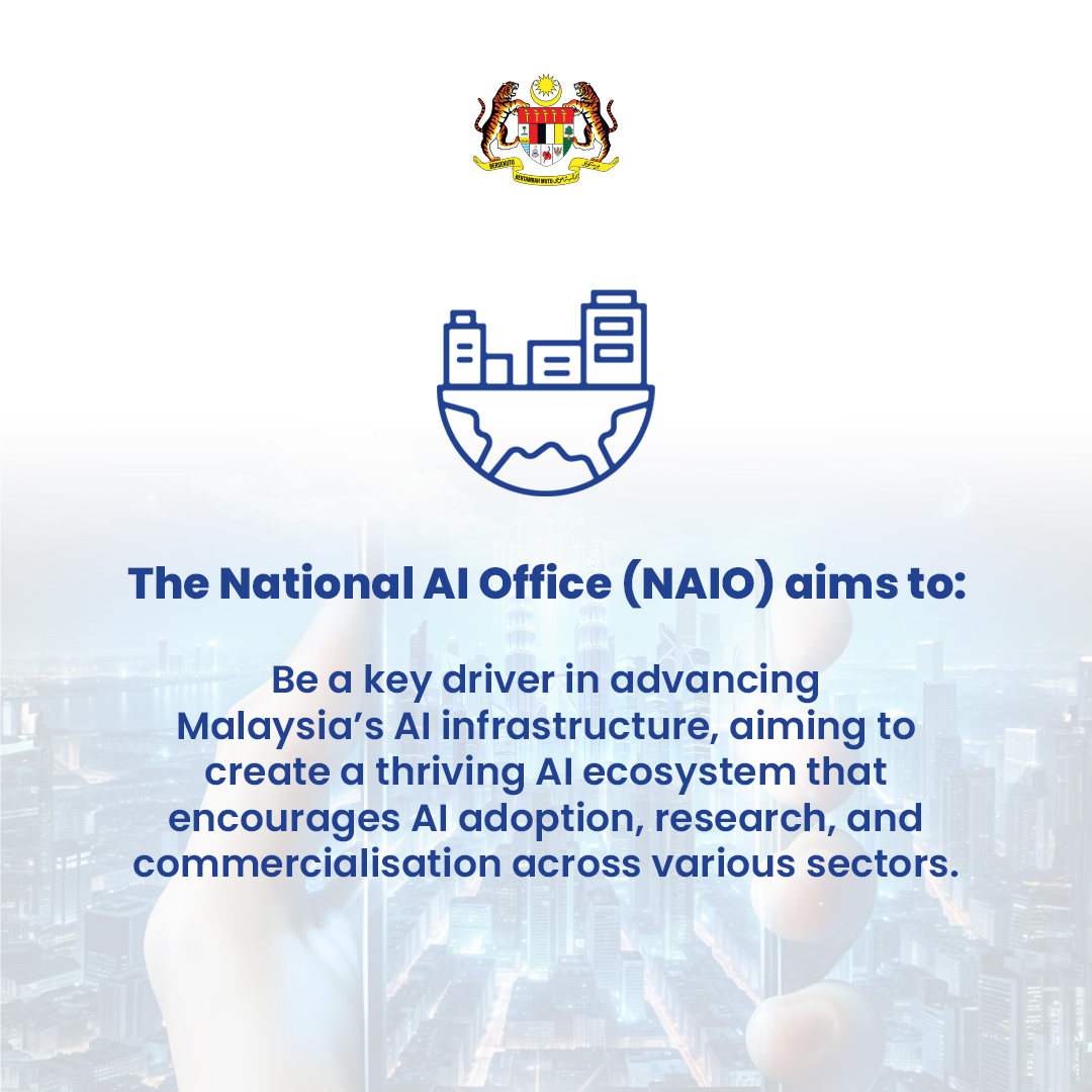 mydigital_corp's tweet photo. The National AI Office, approved by the Cabinet on 28 Aug 2024, will drive innovation, boost the digital economy, and position the country as a regional AI leader.
#NAIO #MyDIGITAL #MYCentre4IR #TheFutureFaster https://t.co/YhFwL3D1W3