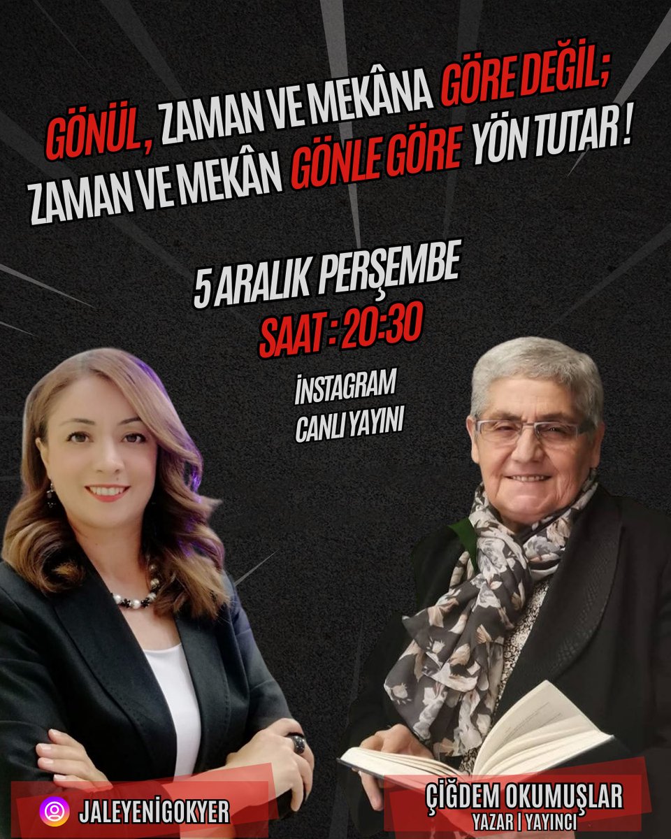 Sevgili dostlar merhaba. Bu akşam değerli konuğum Yazar Gönül Okumuşlar Hocam ile gönüllere dokunan,ruha şifa bir sohbet gerçekleştireceğiz.
Hepinizi bekliyoruz.
Sevgiyle 🌷 

@cigdemokumuslar_