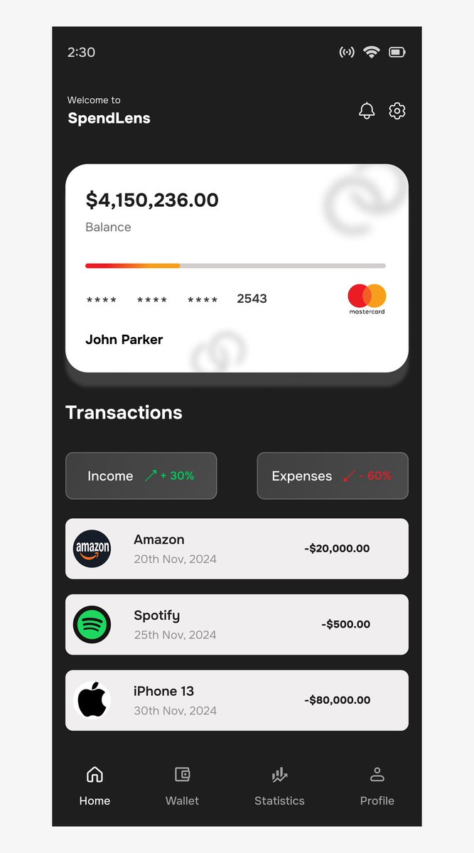 iam_tosin_'s tweet image. Simplify your finances with SpendLens!

✔️ Real-time balance updates  
📊 Visual spending trends  
🖤 Sleek dark theme for ease  
💵 Take control, track smarter, and grow financially!  

What do you think of this design?  
#FinanceDesign
#ExpenseTracker 
#UIUX