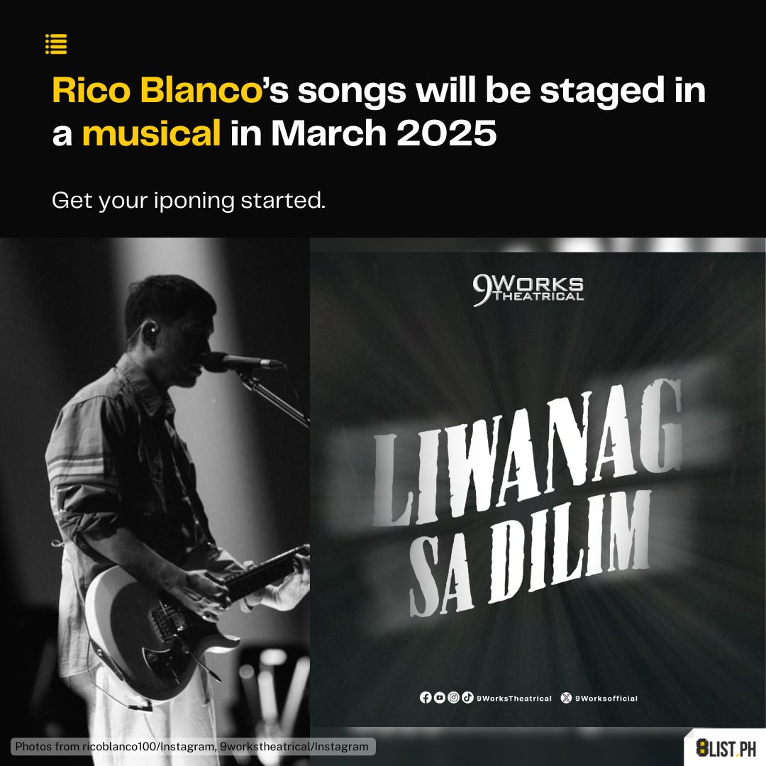 8ListPH's tweet image. (1/3) NEW MUSICAL ALERT! 🎙️

In an Instagram post, local theater production 9 Works Theatrical announced an upcoming musical, “Liwanag sa Dilim,” featuring songs by #RicoBlanco. It will be shown at RCBC Plaza, Ayala Avenue, Makati City, in March 2025.