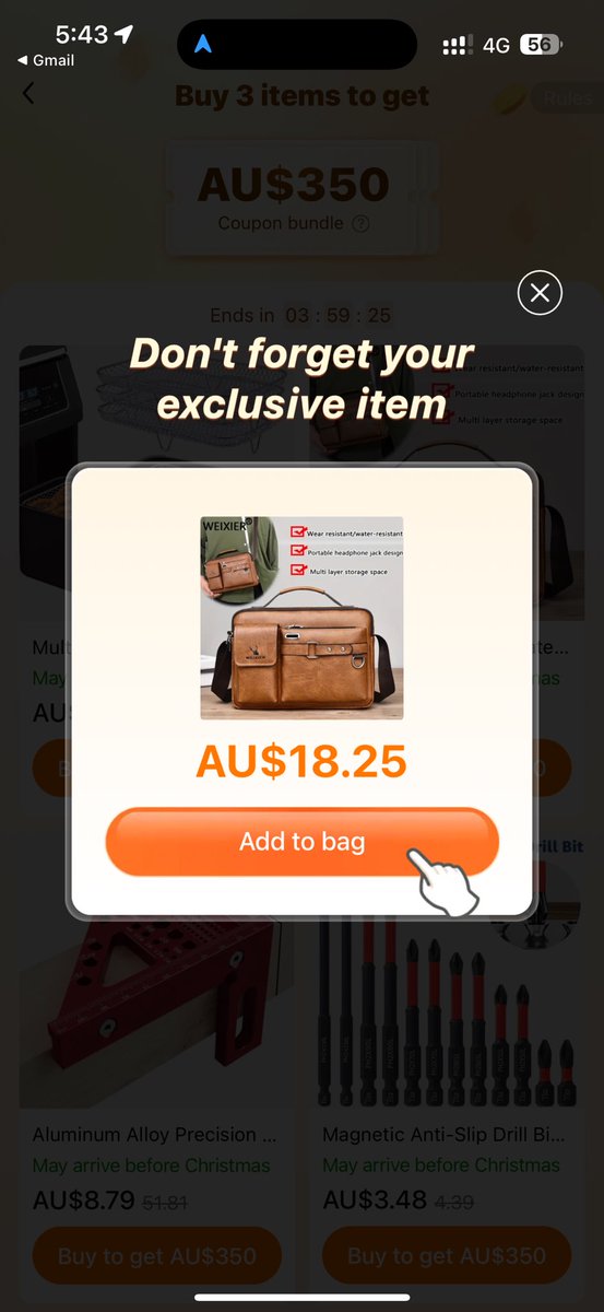 _grassy's tweet photo. @acccgovau how does @TemuAustralia get away with blatant false advertising. In my @gmail today I got this, click on it, no mention of the free bag after I open the Temu app. https://t.co/Q9lSvo5esg