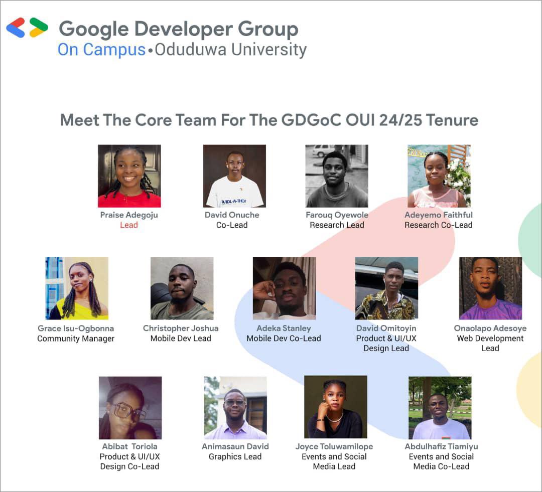 GDSCOUI's tweet photo. We are thrilled to announce the Google Developer Group on Campus (GDGoc) OUI Core Team Members for 2024- 25 session
Tag anyone you know in the comment section and congratulate them
#gdgoc #oduduwauniversity #studentclub https://t.co/XTpGAmWCQT