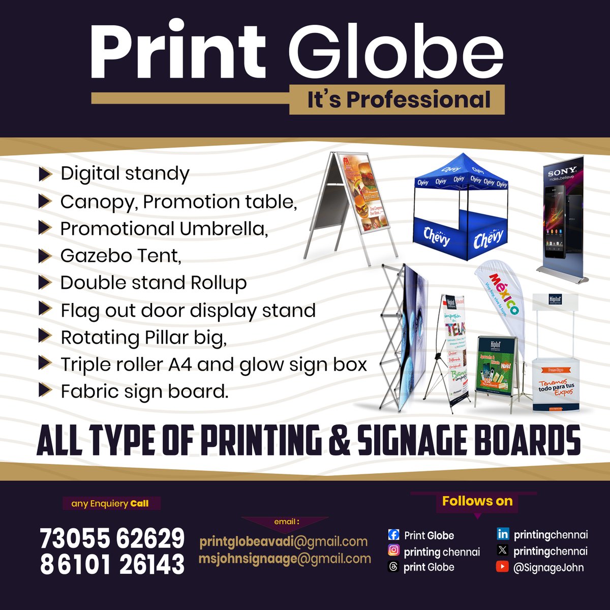 SignageJohn's tweet image. Promotional Displays

#digitalstandy #canopy #promotionaltable
#Umbrella #gazebo #tent
#doublesiderollupstand\
#flagoutdoordisplaystand
#rotatingpillarbig
#triplerollera4andglowsignbox
#fabricsignboard
#vithura #evergreenschool #music
#noiseandgrains #events #livestage
#chenn