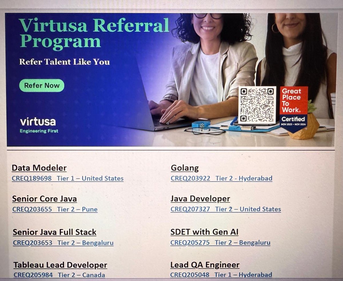 vivekanantham's tweet image. #hiring
Send your resume/CV to vivekanantham@virtusa.com along with job id starting with CREQ.
#DataModeler #Golang #SeniorCoreJava #JavaDeveloper #SeniorJavaFullStack #SDET #SDETGenAI #TableauLeadDeveloper #LeadQAEngineer