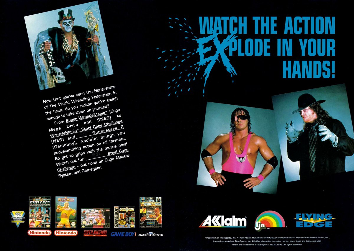 WWFWrestling1's tweet photo. WWF Video game advert from 1992. 🎮 #WWF #WWE #PapaShango #BretHart #Undertaker #LJN #Acclaim #FlyingEdge https://t.co/dQp39xs4im