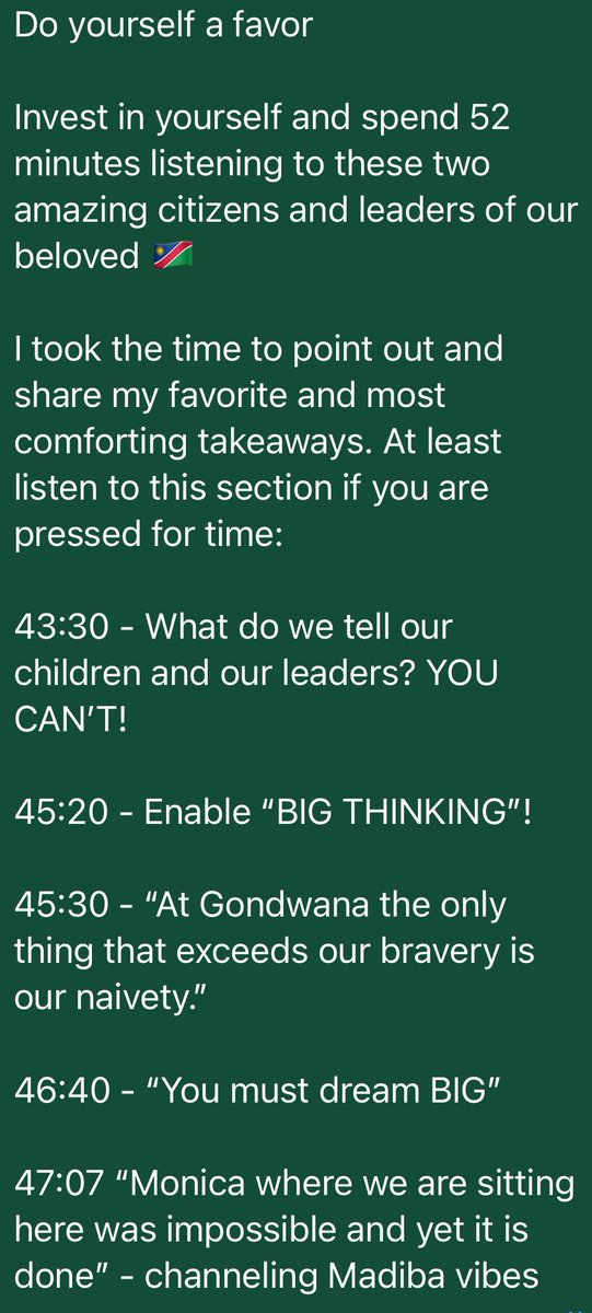 This podcast absolutely made my day and in my opinion contains universal truths for students, as well as Cabinet members and Board members and anyone who intends to visit or invest in Namibia 🇳🇦 

Blessed to call these leaders “our own”

youtu.be/kCEK0f0FWSs?si…