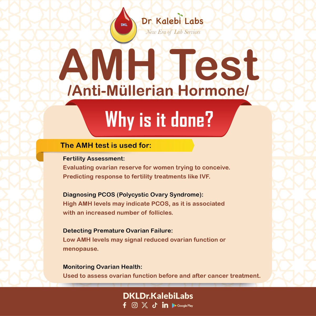 DKLDrKalebiLabs's tweet image. Take charge of your fertility health with the AMH (Anti- Mullerian Hormone)Test! 
This test helps assess your ovarian reserve, diagnose conditions like PCOS, and monitor your reproductive health.

Visit Dr. Kalebi Labs today for quick and reliable testing.
#AMHTest
