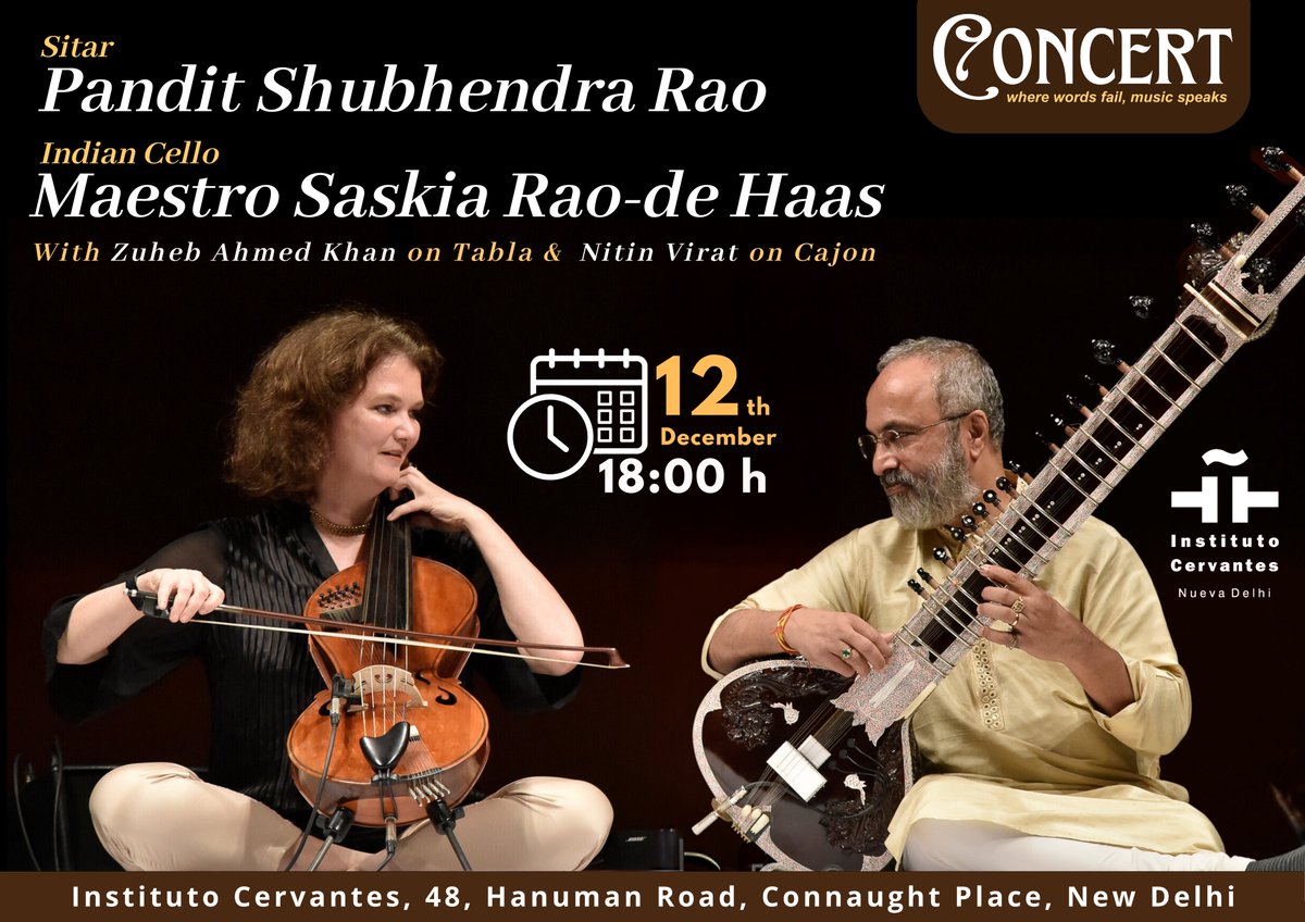 👏 Instituto Cervantes invites you to attend this musical event with the renowned Shubhendra Rao <a href="/ShubhendraRao/">Shubhendra Rao</a> (Sitar), Saskia Rao-de Haas <a href="/SaskiaRaodeHaas/">Saskia  Rao de Haas</a>  (Cello), Zuheb Ahmed Khan <a href="/zuhebtabla/">Zuheb Ahmed Khan</a> (Tabla) and Nitin Virat (Cajon).

📅 12/12/2024
🕕 06:00pm