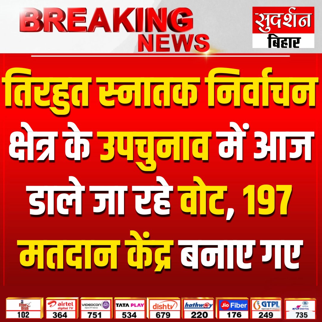 SudarshantvBR's tweet photo. तिरहुत स्नातक निर्वाचन क्षेत्र के उपचुनाव में आज डाले जा रहे वोट...
चार जिलों मुजफ्फरपुर, वैशाली, सीतामढ़ी और शिवहर में बनाये गये 197 मतदान केंद्र...
#VotingToday #BiharElection #Muzaffarpur #Vaishali #Sitamarhi #Shivhar #ElectionUpdate https://t.co/rIA8G2vGY5