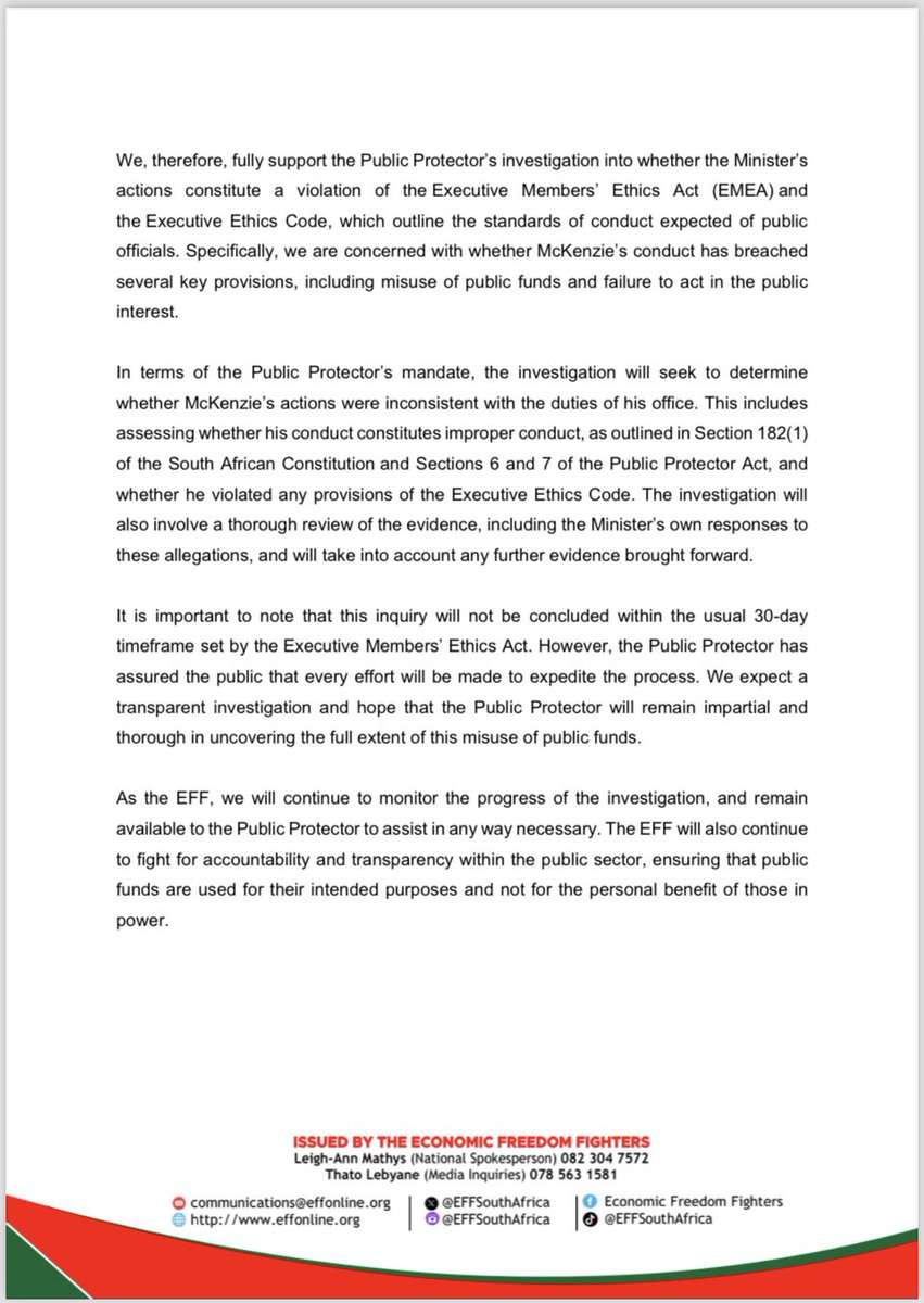 EFFSouthAfrica's tweet photo. The EFF’s Statement on Public Protector Investigation into Minister Gayton McKenzie on Paris Wasteful Expenditure

-We, therefore, fully support the Public Protector’s investigation into whether the Minister’s actions constitute a violation of the Executive Members’ Ethics Act (EMEA) and the Executive Ethics Code, which outline the standards of conduct expected of public officials. Specifically, we are concerned with whether McKenzie’s conduct has breached several key provisions, including misuse of public funds and failure to act in the public interest.