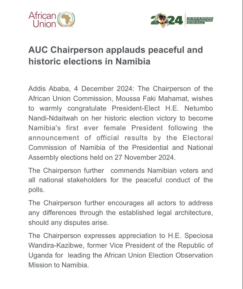 AUC Chairperson <a href="/AUC_MoussaFaki/">Moussa Faki Mahamat</a> applauds peaceful and historic elections in #Namibia
 
au.int/en/pressreleas…