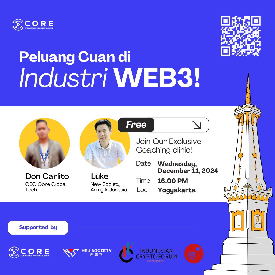 Cryptorealis's tweet photo. Jogja Jogja Jogja 🔥🔥🔥

#Jogjaweb3geeks 

Yuk yg di jogja kita meet up.  
kali ini dengan konsep coaching clinic ! 
so sy akan ajari detail cara cari cuan di web3. bonus praktek !

Rabu,11 Dec 2024
Pukul 16.00 Wib
Di Tilasawa Coffee Roaster

link daftar : https://t.co/9MMRSx60Gv
or scan barcode 👇

See you lur 🔥🔥🔥

Event by : @Core_Offc 

Sponsored by : 
@newsociety_comm 

Media partner : @AnalisaCrypto