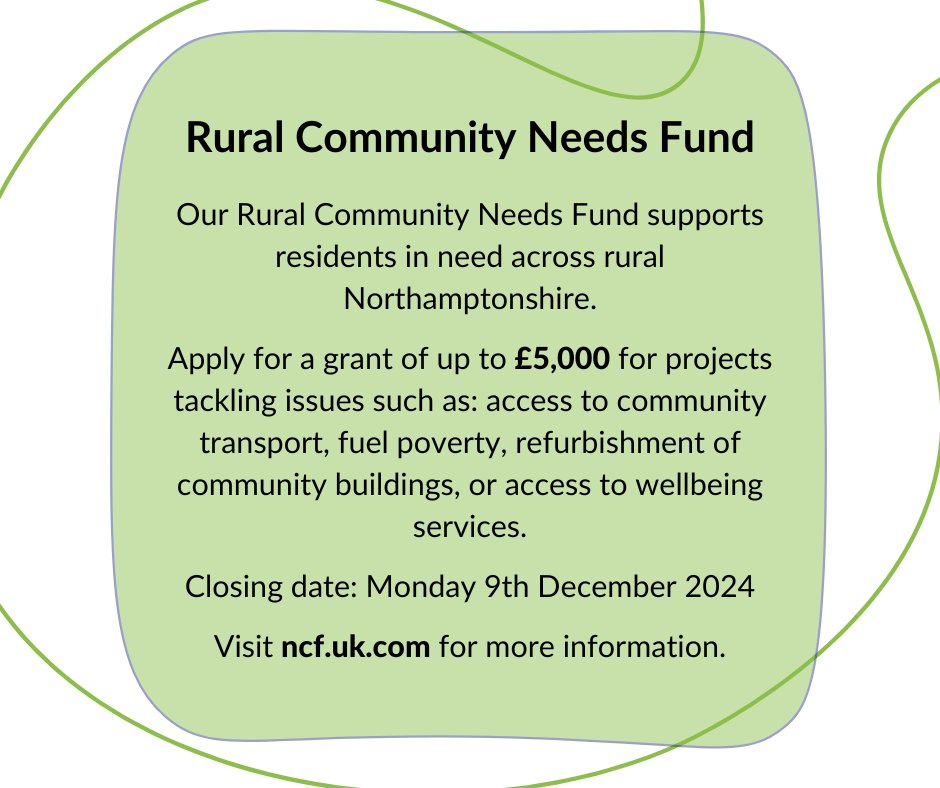📢 Grants of up to £5,000 available for projects supporting rural Northamptonshire
👉 bit.ly/RuralNeedsFund

Applications to our Rural Community Needs Fund close on Monday 9th December. Apply now if you're working to support vulnerable residents in our rural communities.