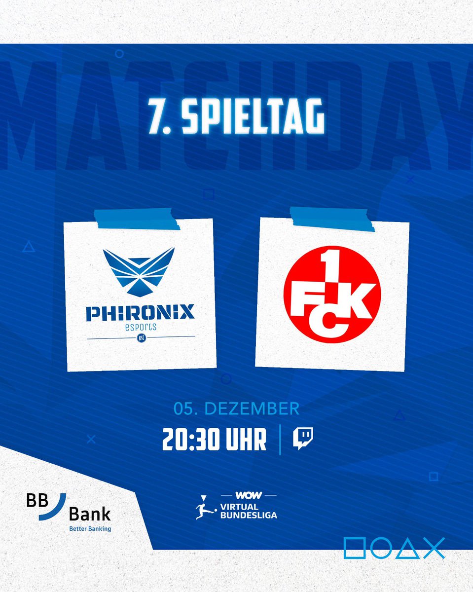 SPIELTAG 7️⃣ <a href="/vbl_official/">VBL | WOW VIRTUAL BUNDESLIGA</a> 
🆚 <a href="/Rote_Teufel/">1. FC Kaiserslautern</a> 🕖 20:30 Uhr

Heute findet passend zu Samstag das Südwest Derby statt. Es geht gegen die Roten Teufel aus Lautern! Auf geht’s Jungs 🔥

🎥 twitch.tv/vbl_official

#PHIRONIX #KSCmeineHeimat #VBLCC #VBL #Spieltag7 #Matchday #eafc25