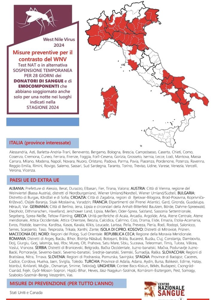 SimonaBellone's tweet photo. #AVIS #Millesimo #DONAZIONI venerdì 13 sabato 14 domenica 15 dicembre c/o sede. prenota: +39 351 725 5610
PREVENZIONE virus WEST NILE VIRUS #WNV se hai soggiornato negli ultimi 28 giorni in una delle zone in rosso della cartina allegata, non potrai donare.
Grazie https://t.co/vTAgvxfLb6