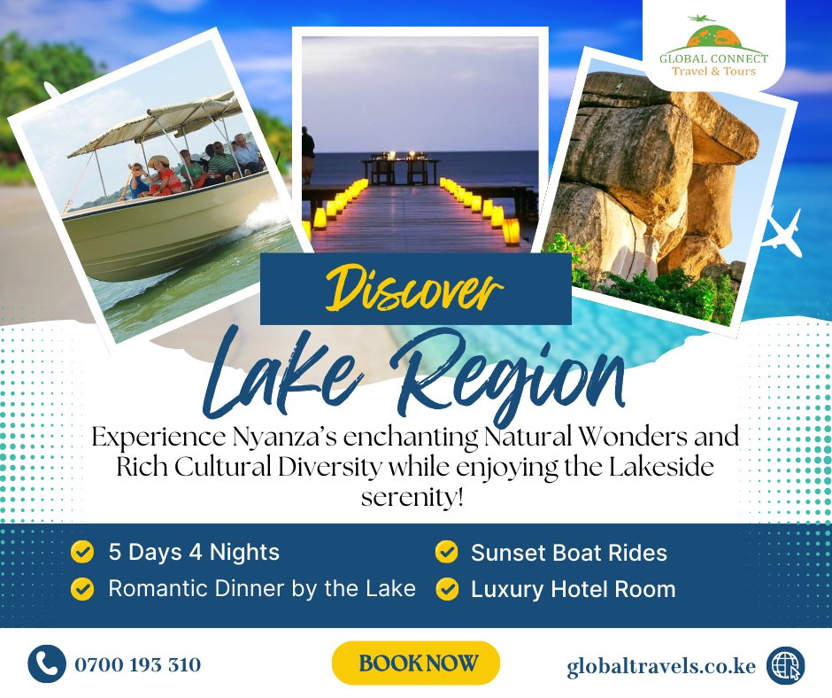 globalconnect89's tweet photo. Discover Kenya's Lake Region with Global Connect Travel and Tours! Experience Nyanza's enchanting natural wonders and rich cultural diversity while enjoying the Lakeside serenity, on a 5 days 4 Nights unforgettable tour package, specially tailored for you!
Get details: 0700193310 https://t.co/V17pRJxetr
