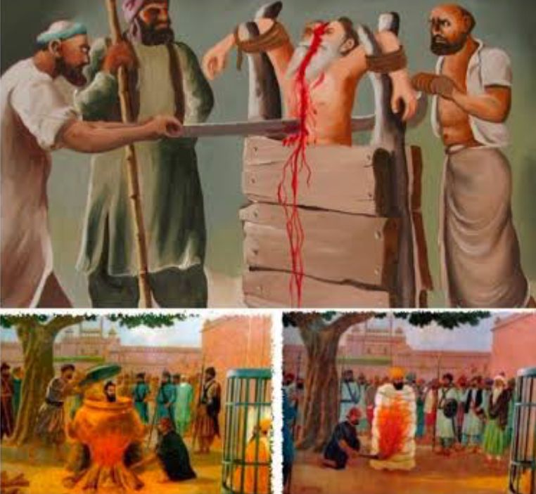 हिंदू धर्म के रक्षक श्री गुरु तेग बहादुर जी की शहादत से एक दिन पहले उन्हें डराने के लिए चांदनी चौंक में उनके सिख भाई मति दास जी को आरे से दो टुकड़े कर दिए गए,भाई सती दस जी को रुई में लपेट जिंदा जलाया गया ,भाई दयाल जी को देग में उबाल कर शहीद किया गया।🙏उनकी शहादत को बारम्बार
