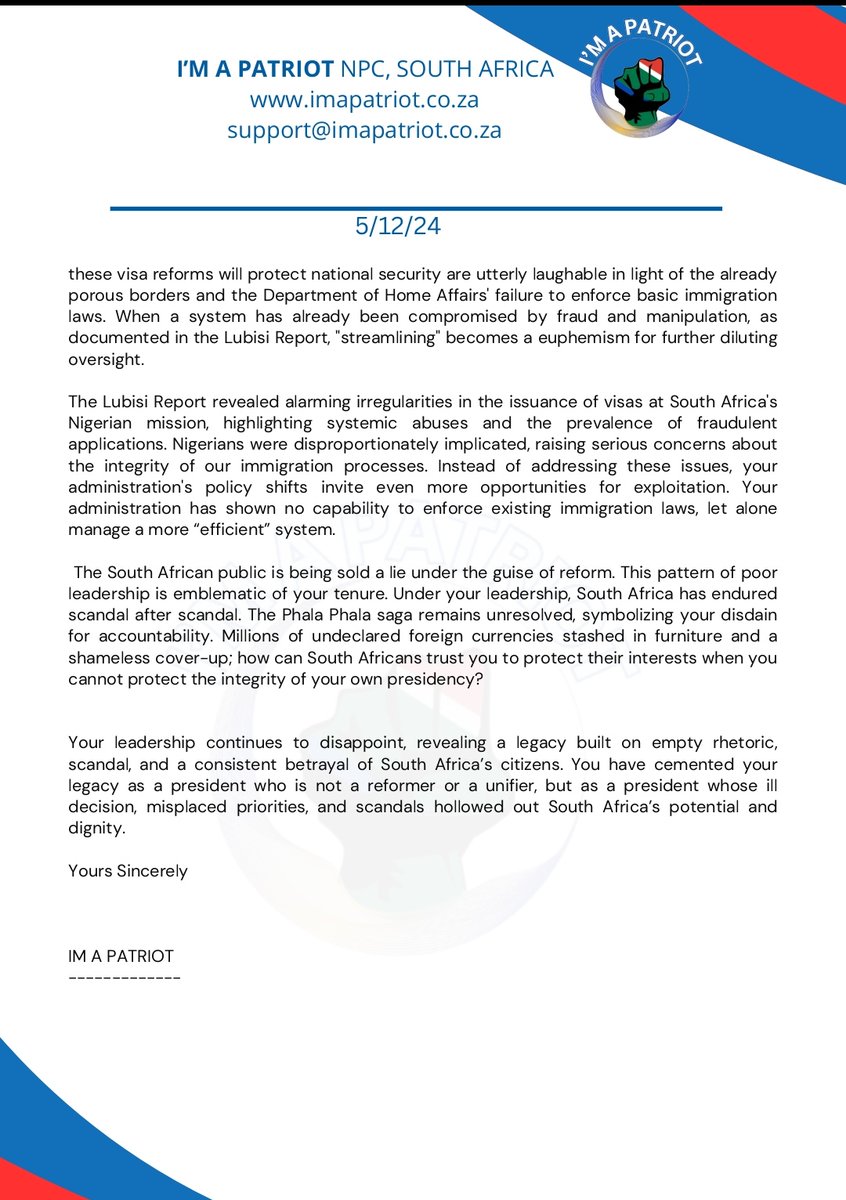 ImApatriotSA (@imapatriotsa) on Twitter photo I'M A PATRIOT has penned an open letter to President <a href="/CyrilRamaphosa/">Cyril Ramaphosa 🇿🇦</a>, addressing the reckless visa reforms for Nigerian nationals <a href="/ZungulaVuyo/">Vuyo Zungula MP 🇿🇦</a> <a href="/MzansiVoices/">#mZAnsiVoices</a> <a href="/TheTruthPanther/">THE TRUTH PANTHER 🇿🇦</a> <a href="/ForcesPFSA/">Progressive Forces (PFSA)</a> <a href="/SothoDudu/">Dudu🇿🇦🍉🇨🇩✊🏽</a> @raisethealarm2 I'M A PATRIOT has penned an open letter to President <a href="/CyrilRamaphosa/">Cyril Ramaphosa 🇿🇦</a>, addressing the reckless visa reforms for Nigerian nationals <a href="/ZungulaVuyo/">Vuyo Zungula MP 🇿🇦</a> <a href="/MzansiVoices/">#mZAnsiVoices</a> <a href="/TheTruthPanther/">THE TRUTH PANTHER 🇿🇦</a> <a href="/ForcesPFSA/">Progressive Forces (PFSA)</a> <a href="/SothoDudu/">Dudu🇿🇦🍉🇨🇩✊🏽</a> @raisethealarm2