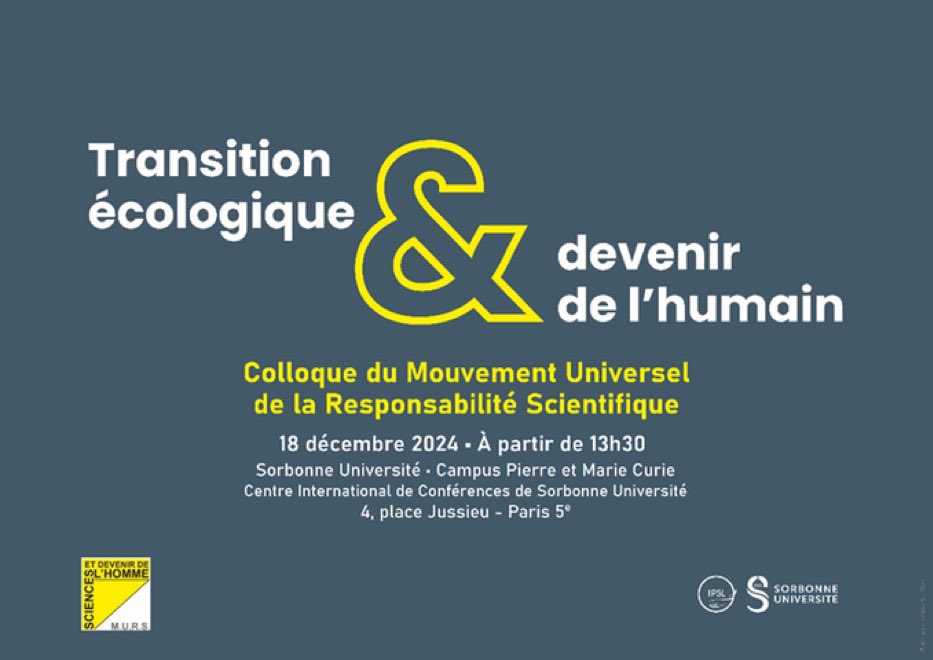🗓️ rendez-vous le 18 décembre pour le #Colloque « Transition écologique et devenir de l'humain » organisé par l’association #MURS avec <a href="/IPSL_outreach/">IPSL 🌍</a> et <a href="/Sorbonne_Univ_/">Sorbonne Université</a> 

Programme complet et inscriptions
👉 ipsl.fr/agenda/archive…