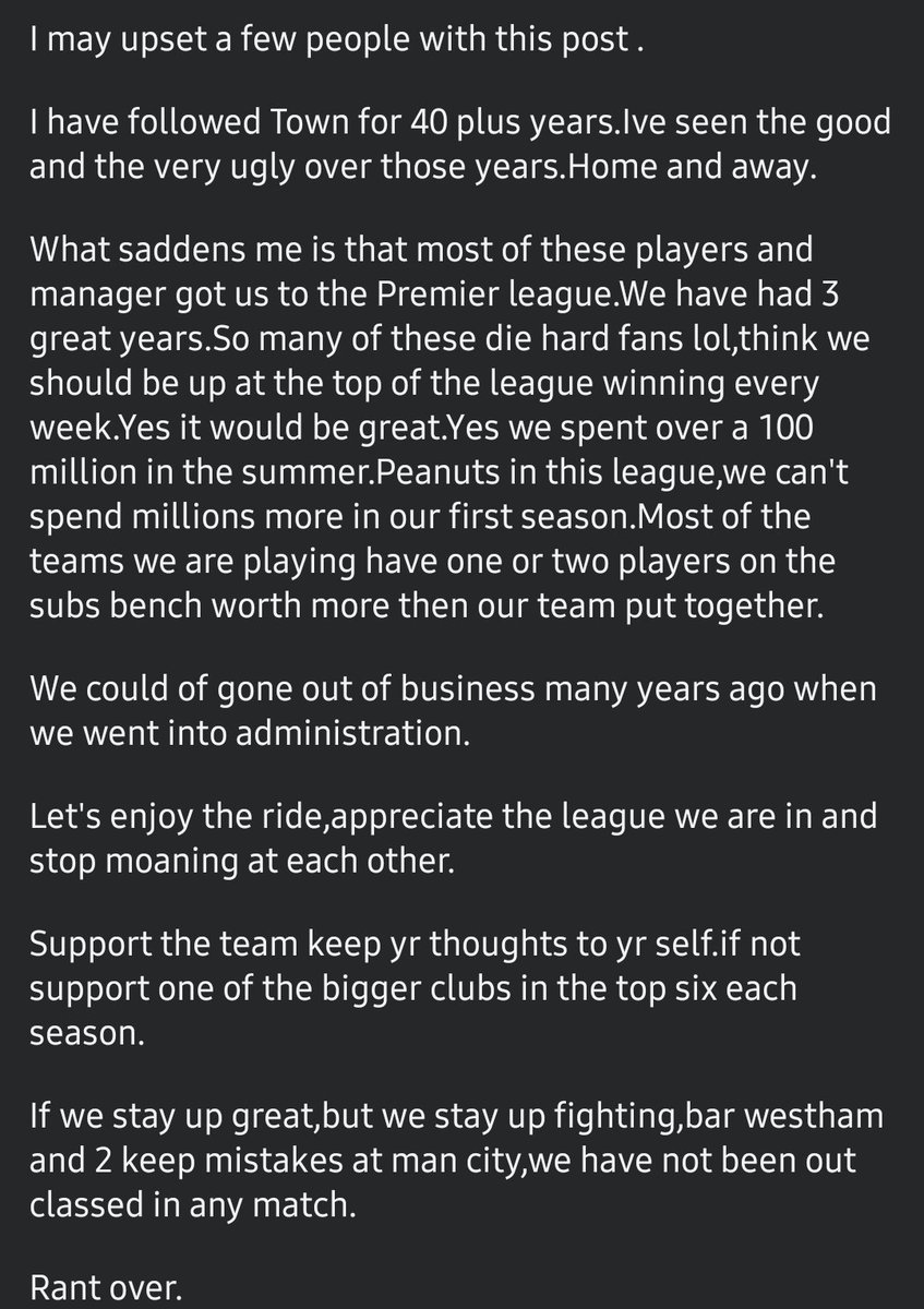 _kieranbl's tweet photo. Probably for the first time ever, I've seen something on the Facebook forum I agree with.

Plenty should take note.

Spot on. #itfc https://t.co/jxQHn0CCmu