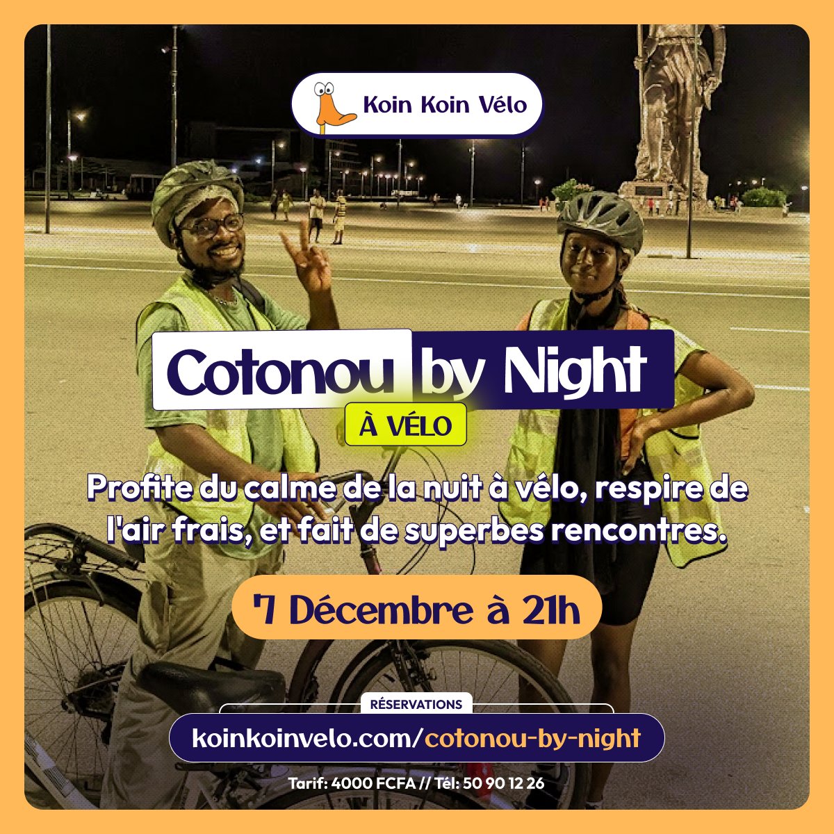 Tu nous rejoins ce samedi pour une belle balade nocturne à vélo ?
Air frais, ambiance chill, et bonnes vibes garantis✨.

Réserve maintenant :
koinkoinvelo.com/cotonou-by-nig…