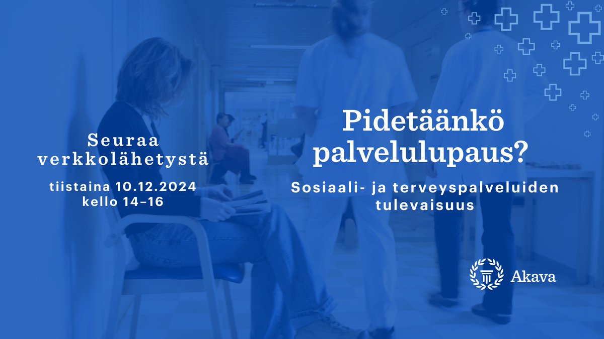 AkavaRy's tweet photo. Miltä näyttää sosiaali ja terveyspalveluiden tulevaisuus? 
Olemmeko siirtymässä hyvinvointiyhteiskunnasta hyväntekeväisyysyhteiskuntaan?

Tervetuloa seuraamaan seminaariamme Pidetäänkö palvelulupaus tiistaina 10.12. kello 14: https://t.co/UYGlOA8sI9 https://t.co/stgKVROL3Q