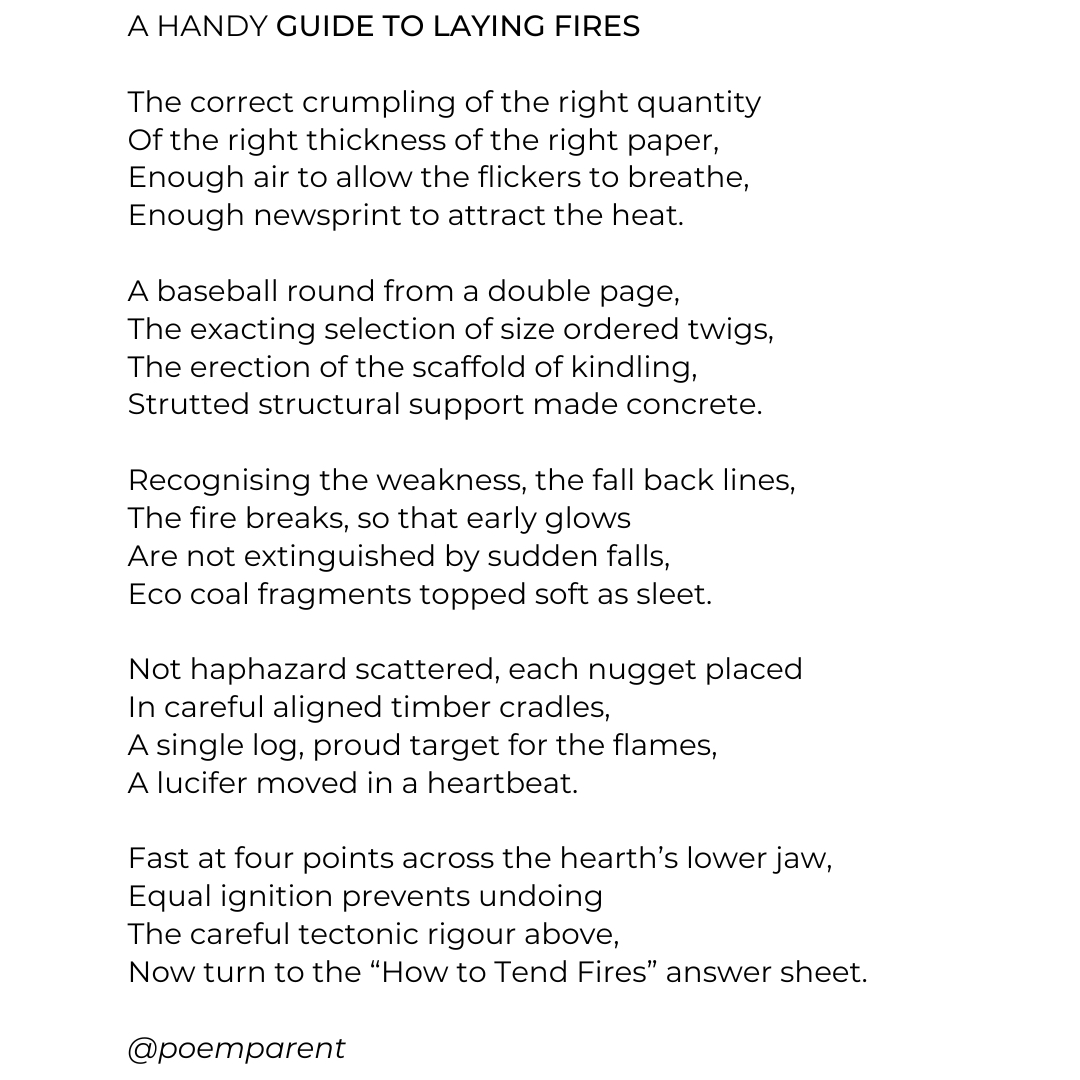 poemparent's tweet photo. I would put myself firmly in the top one percent of global firelighters, so thought I should share the exacting methods required. First one of the year required this week. #thursdaythrowback
#firelighting #firelight #realfire #realfireplace #poetry #poemoftheday #poemaday https://t.co/hrM4tgkX5z