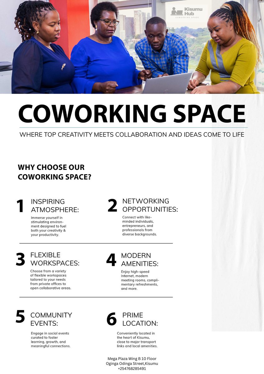 kisumu_hub's tweet image. 𝐔𝐧𝐥𝐨𝐜𝐤 𝐘𝐨𝐮𝐫 𝐏𝐨𝐭𝐞𝐧𝐭𝐢𝐚𝐥 𝐚𝐭 𝐊𝐢𝐬𝐮𝐦𝐮 𝐇𝐮𝐛! 

Where creativity meets collaboration, and ideas come to life in a vibrant, professional space tailored for your success. 

 #CoworkingDoneRight #KisumuHub

☎+254768285491