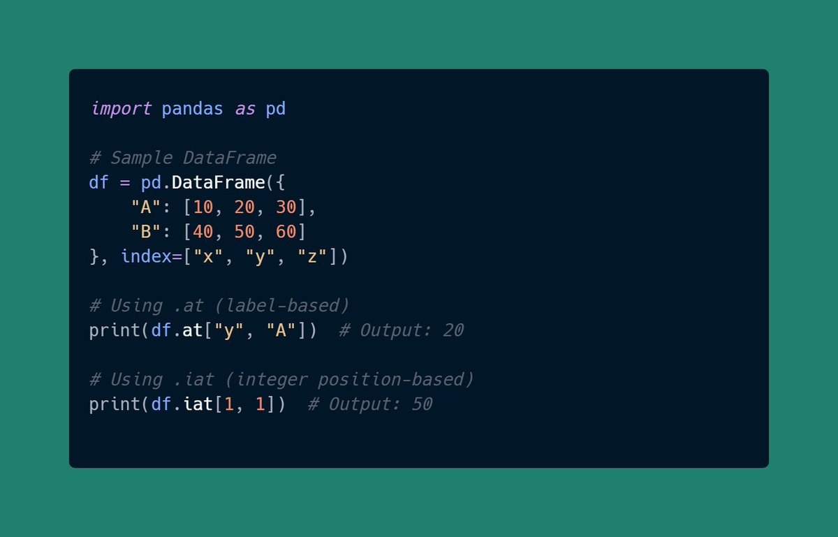 DevAsService's tweet image. ๐ผ Pandas Trick
Speed up scalar operations with .at and .iat! ๐
Faster than .loc or .iloc for accessing or modifying single values in DataFrames.
Perfect for performance optimization! โก
#Python #Pandas #PythonTricks #DataScience #CodingTips