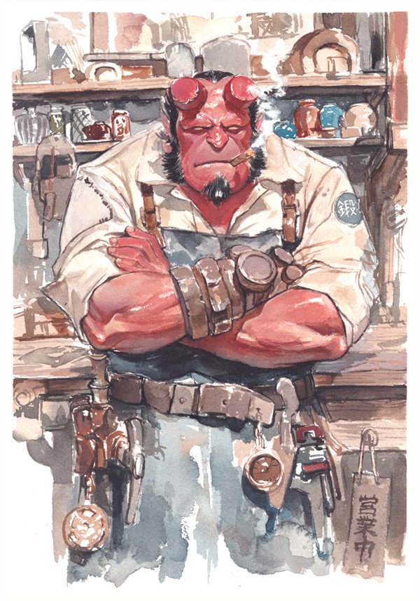 Typical #japanese i-phone repair shop #hellboy.  ＃店　＃日本 .  My take on a semi-retired fighting the force of evil blacksmith.  itoscaresme.shop #watercolor #art #painting #水彩画