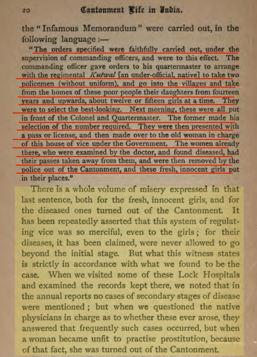 MumukshuSavitri's tweet photo. Do you know what the great “saviour” British actually did for Indian women? 

In 1899, American women activists Elizabeth Andrew & Katherine Bushnell wrote “The Queen’s Daughters” - a horrifying account of how tens of thousands of Indian women were forcibly raped & turned into “prostitutes” by the British Army. They forcibly took the youngest & prettiest girls from the poorest Indian families & forced them to become “prostitutes” in their Cantonments.

The Infamous Circular Memorandum of June 17, 1886 is a horrifying testimony to this outrage where under the guise of looking after the “health of British soldiers” to protect them from sexually transmitted diseases, officer after officer requested young, attractive Indian girls to satisfy the list of British soldiers. Policemen would go into villages & select the prettiest teenage girls from four families who were then taken to the cantonment to “service” the British soldiers. The previous batch of wretched raped victims who were infected with STDs by the soldiers were then thrown out so that fresh meat could satisfy the soldiers lust. They were carried around in carts like animals wherever the soldiers went. For every 1000 solders there were 12-14 such young girls. You can imagine what horrific lives they led.

This is the actual disgusting & horrifying truth of how the British actually treated Indian women as objects less than animals. And they have the audacity to claim they “rescued” Indian women from Sati! 

You can read my earlier thread which explores the details of the book in the following post. 🧵