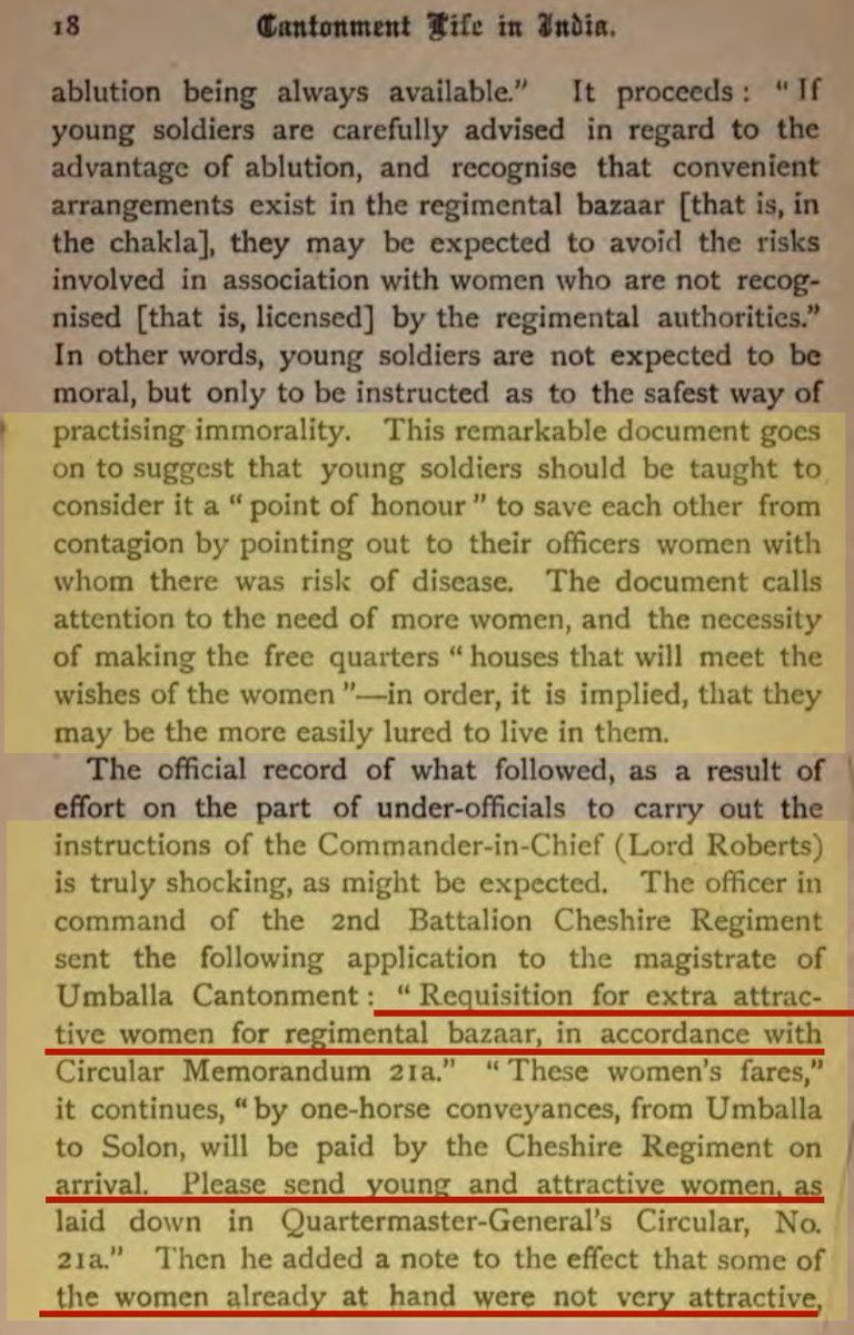 MumukshuSavitri's tweet photo. Do you know what the great “saviour” British actually did for Indian women? 

In 1899, American women activists Elizabeth Andrew & Katherine Bushnell wrote “The Queen’s Daughters” - a horrifying account of how tens of thousands of Indian women were forcibly raped & turned into “prostitutes” by the British Army. They forcibly took the youngest & prettiest girls from the poorest Indian families & forced them to become “prostitutes” in their Cantonments.

The Infamous Circular Memorandum of June 17, 1886 is a horrifying testimony to this outrage where under the guise of looking after the “health of British soldiers” to protect them from sexually transmitted diseases, officer after officer requested young, attractive Indian girls to satisfy the list of British soldiers. Policemen would go into villages & select the prettiest teenage girls from four families who were then taken to the cantonment to “service” the British soldiers. The previous batch of wretched raped victims who were infected with STDs by the soldiers were then thrown out so that fresh meat could satisfy the soldiers lust. They were carried around in carts like animals wherever the soldiers went. For every 1000 solders there were 12-14 such young girls. You can imagine what horrific lives they led.

This is the actual disgusting & horrifying truth of how the British actually treated Indian women as objects less than animals. And they have the audacity to claim they “rescued” Indian women from Sati! 

You can read my earlier thread which explores the details of the book in the following post. 🧵