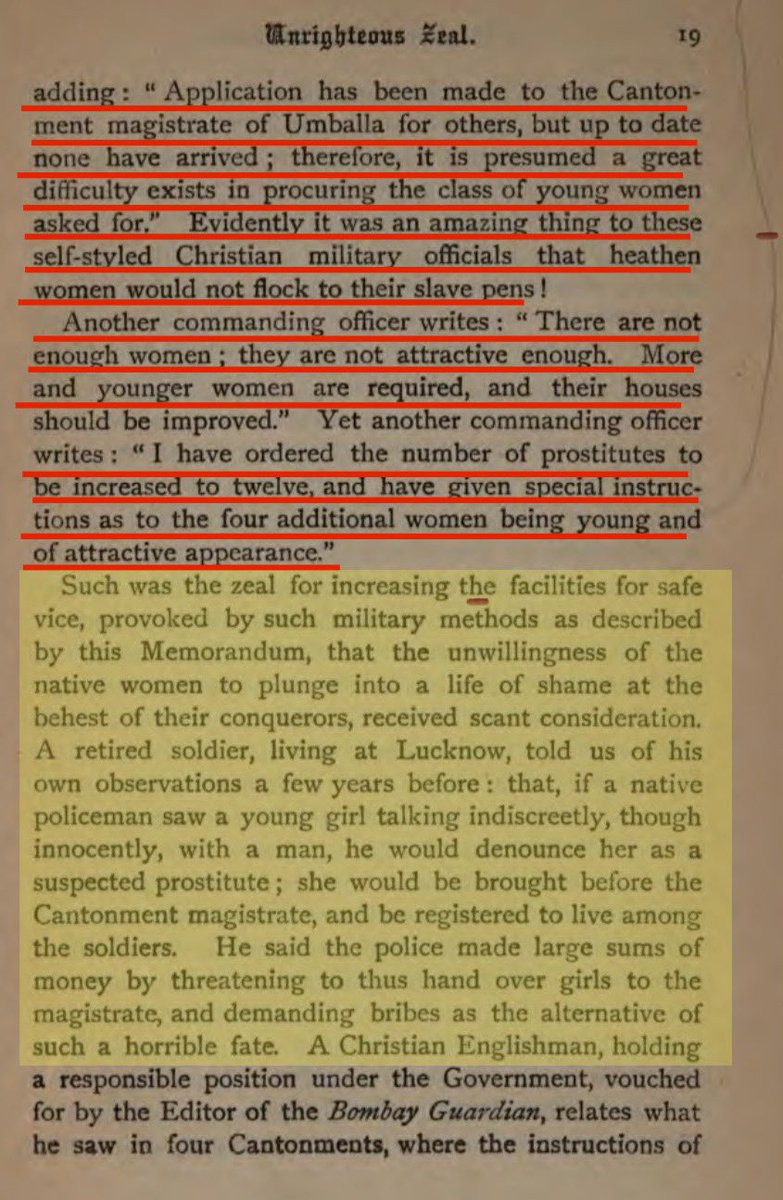 MumukshuSavitri's tweet photo. Do you know what the great “saviour” British actually did for Indian women? 

In 1899, American women activists Elizabeth Andrew & Katherine Bushnell wrote “The Queen’s Daughters” - a horrifying account of how tens of thousands of Indian women were forcibly raped & turned into “prostitutes” by the British Army. They forcibly took the youngest & prettiest girls from the poorest Indian families & forced them to become “prostitutes” in their Cantonments.

The Infamous Circular Memorandum of June 17, 1886 is a horrifying testimony to this outrage where under the guise of looking after the “health of British soldiers” to protect them from sexually transmitted diseases, officer after officer requested young, attractive Indian girls to satisfy the list of British soldiers. Policemen would go into villages & select the prettiest teenage girls from four families who were then taken to the cantonment to “service” the British soldiers. The previous batch of wretched raped victims who were infected with STDs by the soldiers were then thrown out so that fresh meat could satisfy the soldiers lust. They were carried around in carts like animals wherever the soldiers went. For every 1000 solders there were 12-14 such young girls. You can imagine what horrific lives they led.

This is the actual disgusting & horrifying truth of how the British actually treated Indian women as objects less than animals. And they have the audacity to claim they “rescued” Indian women from Sati! 

You can read my earlier thread which explores the details of the book in the following post. 🧵