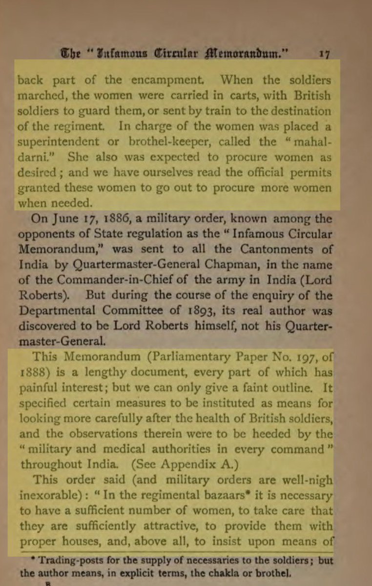 MumukshuSavitri's tweet photo. Do you know what the great “saviour” British actually did for Indian women? 

In 1899, American women activists Elizabeth Andrew & Katherine Bushnell wrote “The Queen’s Daughters” - a horrifying account of how tens of thousands of Indian women were forcibly raped & turned into “prostitutes” by the British Army. They forcibly took the youngest & prettiest girls from the poorest Indian families & forced them to become “prostitutes” in their Cantonments.

The Infamous Circular Memorandum of June 17, 1886 is a horrifying testimony to this outrage where under the guise of looking after the “health of British soldiers” to protect them from sexually transmitted diseases, officer after officer requested young, attractive Indian girls to satisfy the list of British soldiers. Policemen would go into villages & select the prettiest teenage girls from four families who were then taken to the cantonment to “service” the British soldiers. The previous batch of wretched raped victims who were infected with STDs by the soldiers were then thrown out so that fresh meat could satisfy the soldiers lust. They were carried around in carts like animals wherever the soldiers went. For every 1000 solders there were 12-14 such young girls. You can imagine what horrific lives they led.

This is the actual disgusting & horrifying truth of how the British actually treated Indian women as objects less than animals. And they have the audacity to claim they “rescued” Indian women from Sati! 

You can read my earlier thread which explores the details of the book in the following post. 🧵
