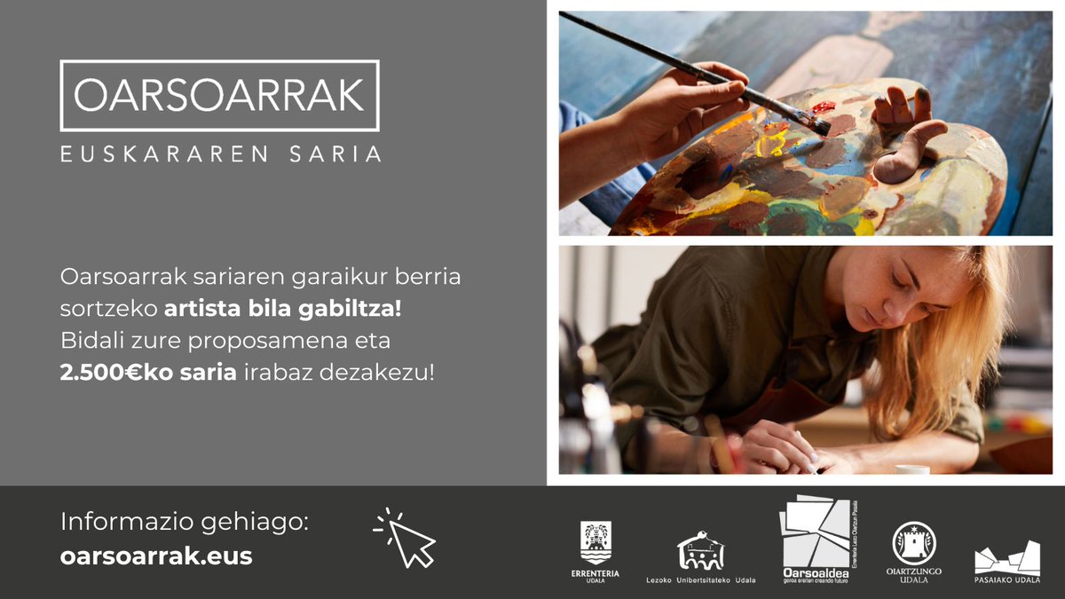 🏆 Oarsoarrak  Euskararen Sariaren garaikurra berritzeko lehiaketa abian! Eskualdeko artista bazara  2.500€ko saria irabaz dezakezu.

Bidali zure proposamena!

Informazio gehiago 👉 oarsoarrak.eus

#oarsoarrak #euskara #saria #lehiaketa #oarsoaldea
