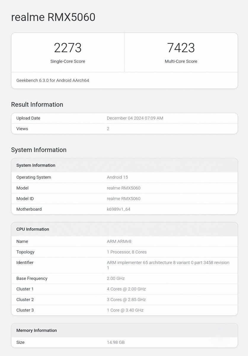 rajAnoop_'s tweet photo. #Realme Neo 7 Geekbench scores revealed...
🔸MediaTek Dimensity 9300+
🍭 Android 15
🎯 Single score
~ 2273
🎯 Multi-core score
~ 7423
🔸CPU core
4 x 2.00GHz
3 x 2.85GHz
1 x 3.40GHz
#realmeGTNeo7 #realmeNeo7
like ❤ Repost 🔂 FOLLOW 🤝🏼 for more TECH UPDATES https://t.co/a9hRWljrlv