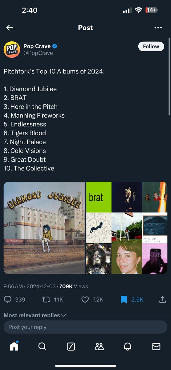 poncuswalb's tweet photo. posting for the first time to vent abt how stupid it is to be so critical in new music discussion if you dont even listen to new music? like how do you never hear about diamond jubilee cold visions and night palace and then complain abt a 2024 album list ????? https://t.co/uoYcLPR8uo