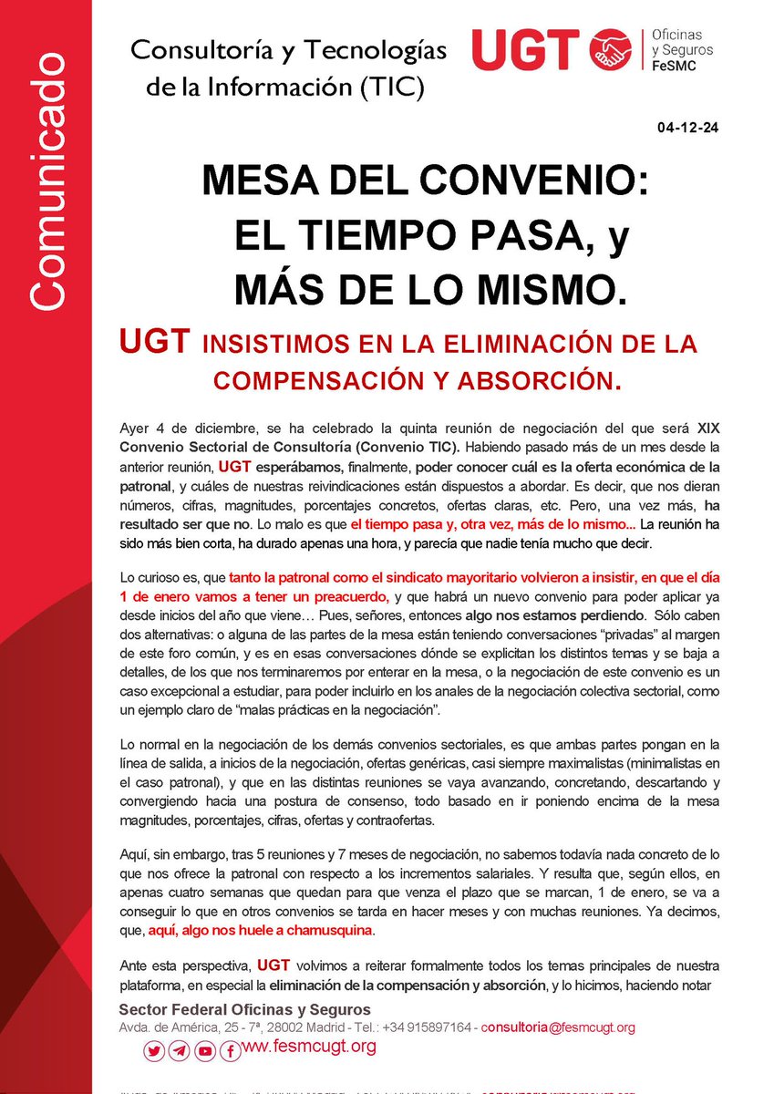 UGTConvenioTIC's tweet photo. 🚨El tiempo pasa y más de lo mismo.
📌#UGT exige respuestas en la mesa del XIX #Convenio #TIC
👉  La patronal NO ha hecho sus deberes otra vez.
👉 #UGT exigimos:
❌NO a la subida 0%. 
❌NO a la compensación/absorcion.
✅ Subidas por encima del #IPC
✅ #convenioticdigno para tod@s https://t.co/50daps0YLE