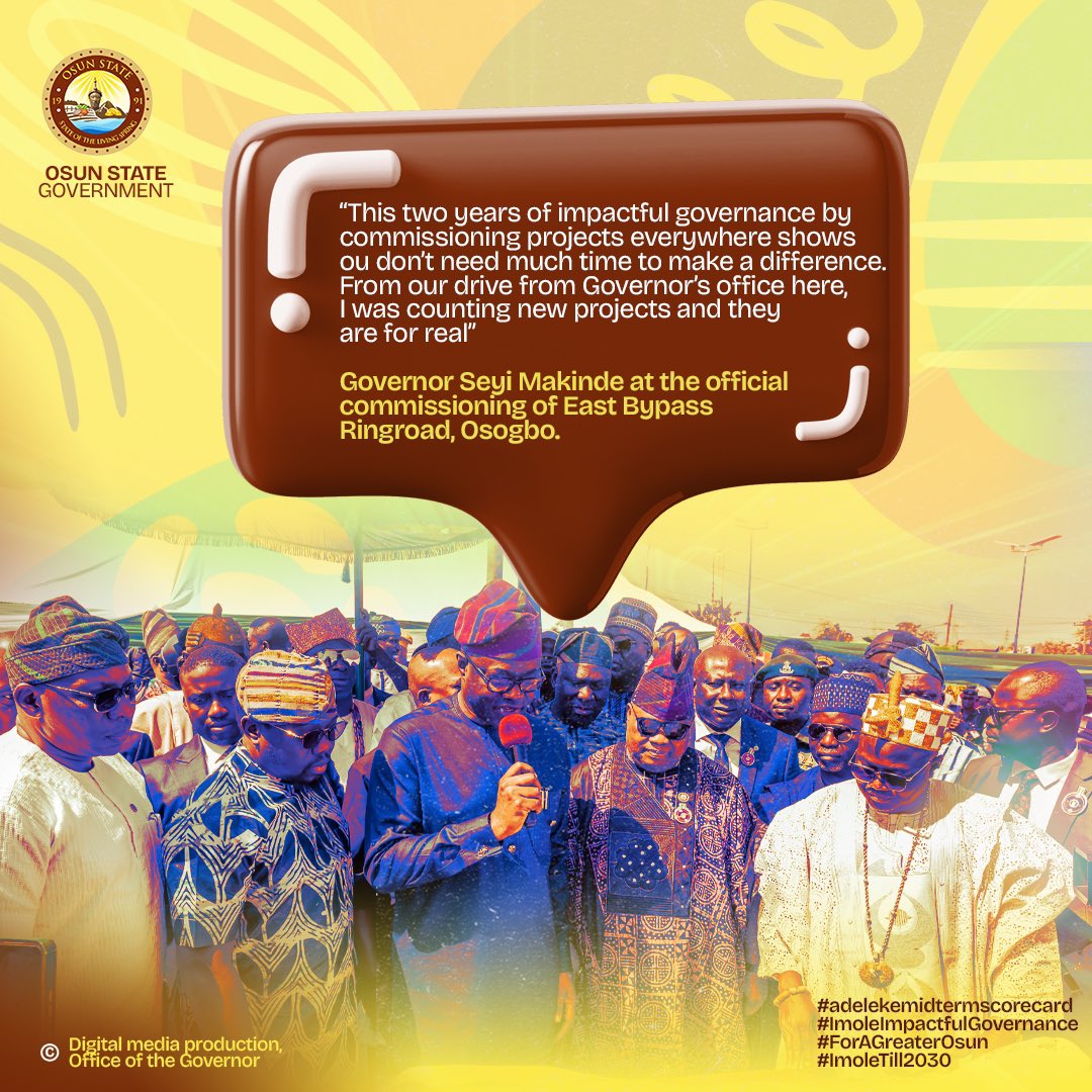 O_basslet's tweet photo. Words from Governor @seyimakinde at the official commissioning of East Bypass Road, Osogbo, completed by the administration of Governor @AAdeleke_01
#AdelekeMidtermScorecard
#ImoleImpactfulGovernance
#ForAGreaterOsun
#ImoleTill2030
1/2 https://t.co/mggVRmlZGR