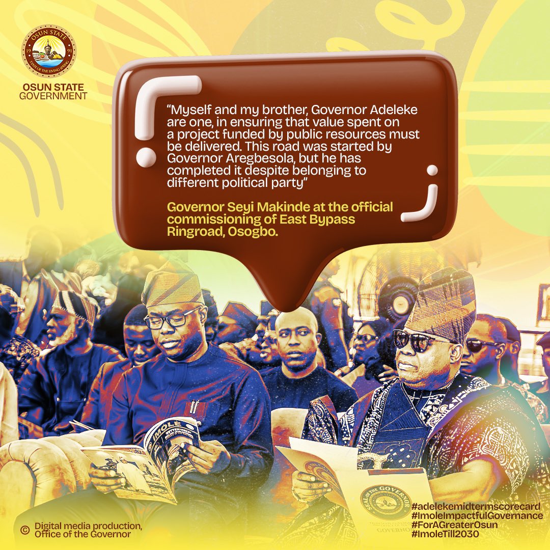O_basslet's tweet photo. Words from Governor @seyimakinde at the official commissioning of East Bypass Road, Osogbo, completed by the administration of Governor @AAdeleke_01
#AdelekeMidtermScorecard
#ImoleImpactfulGovernance
#ForAGreaterOsun
#ImoleTill2030
1/2 https://t.co/mggVRmlZGR