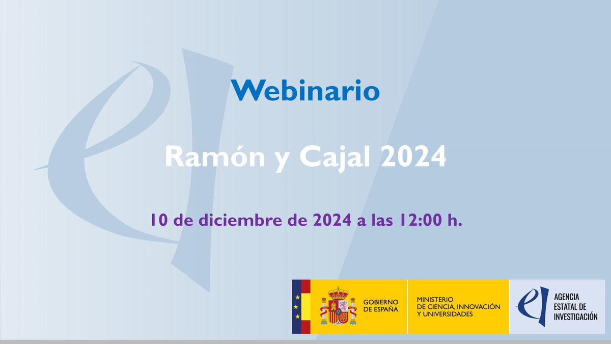 Agencia Estatal de Investigación (@ageinves) on Twitter photo ℹ️ La <a href="/AgEInves/">Agencia Estatal de Investigación</a> celebrará un webinario para presentar la convocatoria de ayudas Ramón y Cajal 2024.
🗓️ 10 diciembre - 12:00 h. (Madrid)
🔗 zoom.us/j/91083522531
La capacidad de asistencia es de 1.000 personas. No obstante, el webinario será grabado y posteriormente publicado. ℹ️ La <a href="/AgEInves/">Agencia Estatal de Investigación</a> celebrará un webinario para presentar la convocatoria de ayudas Ramón y Cajal 2024.
🗓️ 10 diciembre - 12:00 h. (Madrid)
🔗 zoom.us/j/91083522531
La capacidad de asistencia es de 1.000 personas. No obstante, el webinario será grabado y posteriormente publicado.