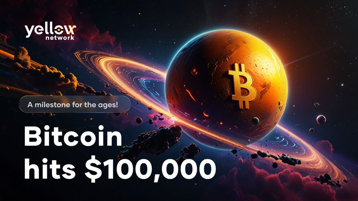 Yellow's tweet photo. BITCOIN HITS $100,000! 
 
A moment for the history books. 

The #crypto revolution continues to redefine the future of finance. 

This milestone is a testament to innovation, resilience, and the power of technology. 

Hats off to all believers, builders and those with diamond hands💎

#BTC