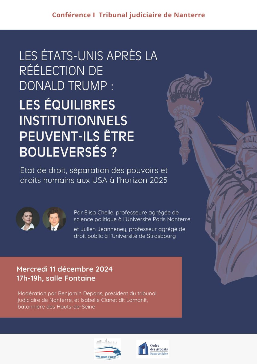 Barreau des Hauts-de-Seine (@barreau92) on Twitter photo 🗓️ 📌 ⚖️ Conférence organisée par <a href="/tj_nanterre/">Tribunal judiciaire de Nanterre</a> mercredi 11 décembre de 17h à 19h en salle Nicole Fontaine à l'Ordre des #avocats ⏩ Sur les institutions américaines et la réélection de Donald Trump <a href="/CLamanit/">Clanet dit Lamanit</a> @FabienArakelian <a href="/DeparisBenjamin/">Benjamin Deparis</a>
forms.gle/X1SmEvjbpqvTnX… 🗓️ 📌 ⚖️ Conférence organisée par <a href="/tj_nanterre/">Tribunal judiciaire de Nanterre</a> mercredi 11 décembre de 17h à 19h en salle Nicole Fontaine à l'Ordre des #avocats ⏩ Sur les institutions américaines et la réélection de Donald Trump <a href="/CLamanit/">Clanet dit Lamanit</a> @FabienArakelian <a href="/DeparisBenjamin/">Benjamin Deparis</a>
forms.gle/X1SmEvjbpqvTnX…