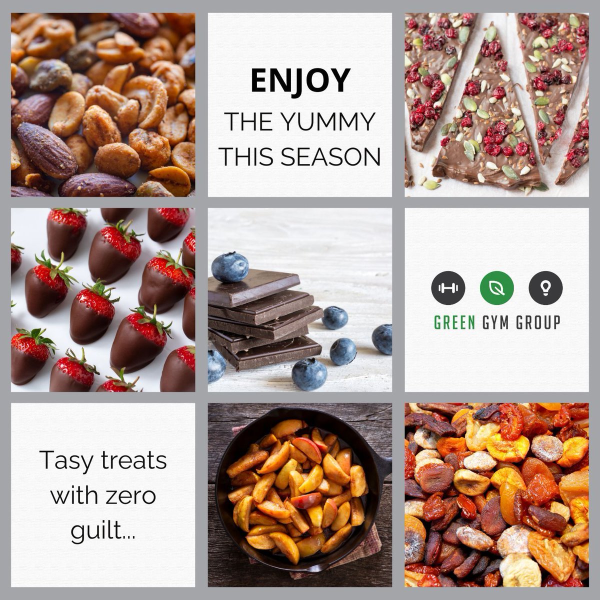 🍪 Festive treats you’ll LOVE:
🍓 Choc-dipped strawberries
🌰 Spiced roasted nuts
🍫 Dark choc bark w/ fruits &amp; seeds
Yum + fuel = holiday win! #ThursdayTreats #GreenGymGroup