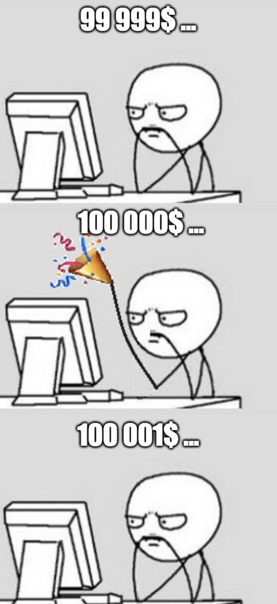 Bonjour et joyeux 100k $BTC à tous mes amis virtuels du Metavers cachés derrière l'écran de leur ordinateur

Ceux qui étaient là avant les 100k$...
Et ceux qui seront toujours là après...
Ceux qui sont heureux, même si ils n'ont pas de $BTC...
Ceux qui attendent de fêter ça en